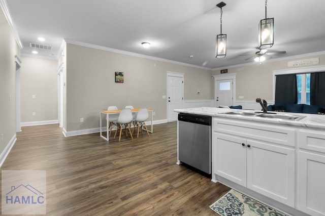 kitchen featuring dark hardwood / wood-style floors, dishwasher, sink, white cabinets, and hanging light fixtures