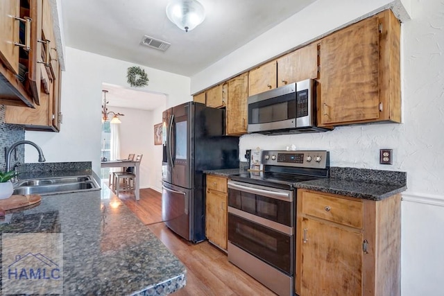 kitchen featuring appliances with stainless steel finishes, a sink, visible vents, and light wood-type flooring