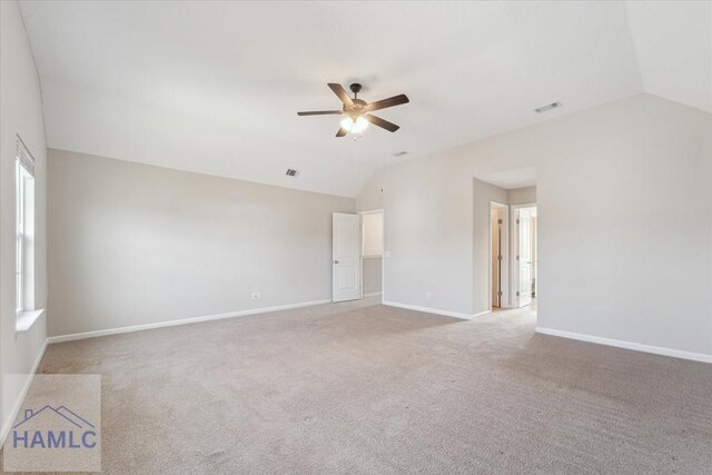 7 Summerhill Dr, Ludowici, GA 31316 - carpeted empty room with visible vents, a ceiling fan, baseboards, and lofted ceiling