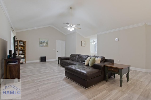 1048 Barley Dr, Hinesville, GA 31313 - living room featuring a ceiling fan, light wood-style flooring, ornamental molding, baseboards, and lofted ceiling