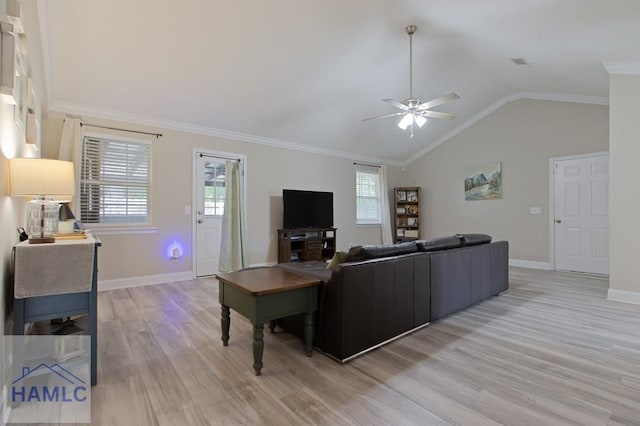 1048 Barley Dr, Hinesville, GA 31313 - living room featuring light wood-style floors, healthy amount of natural light, ceiling fan, baseboards, and ornamental molding