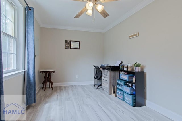 1048 Barley Dr, Hinesville, GA 31313 - office area with crown molding, a ceiling fan, light wood finished floors, and baseboards
