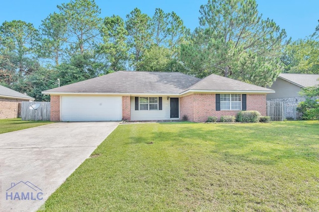 ranch-style house with a front yard and a garage