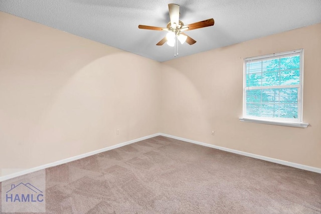 empty room featuring a textured ceiling, ceiling fan, and light carpet