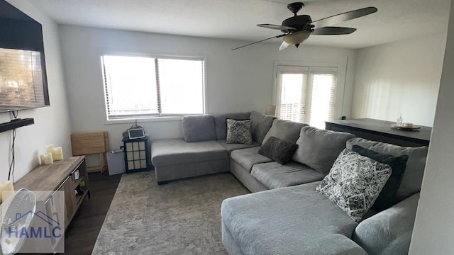 living area with ceiling fan