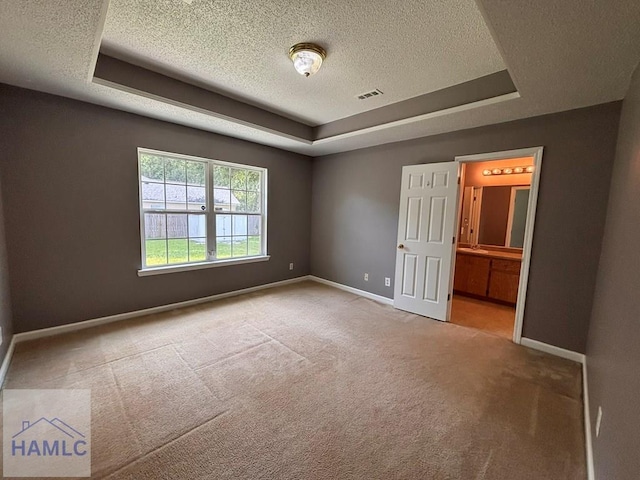 193 River Bend Dr, Midway, GA 31320 - unfurnished bedroom with a textured ceiling, a tray ceiling, carpet flooring, and connected bathroom