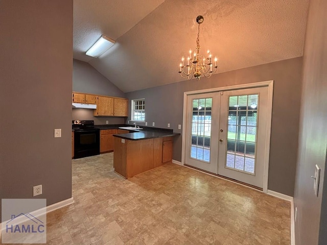 193 River Bend Dr, Midway, GA 31320 - kitchen with black electric range oven, a peninsula, french doors, under cabinet range hood, and healthy amount of natural light