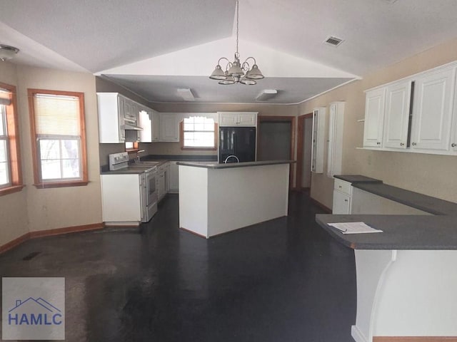 5927 Yellow Bluff Rd, Blackshear, GA 31516 - kitchen featuring white range with electric stovetop, dark countertops, black fridge, vaulted ceiling, and a chandelier