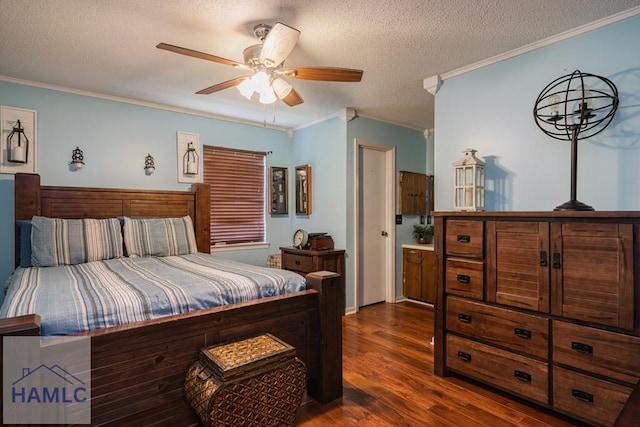 901 Pintail Ct, Hinesville, GA 31313 - bedroom featuring crown molding, dark wood-type flooring, a textured ceiling, and ceiling fan