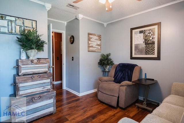901 Pintail Ct, Hinesville, GA 31313 - sitting room featuring ceiling fan, wood finished floors, crown molding, and a textured ceiling