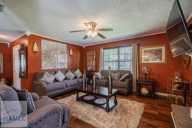901 Pintail Ct, Hinesville, GA 31313 - living room featuring ornamental molding, a ceiling fan, a textured ceiling, and wood finished floors
