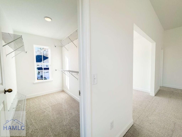 walk in closet featuring light colored carpet