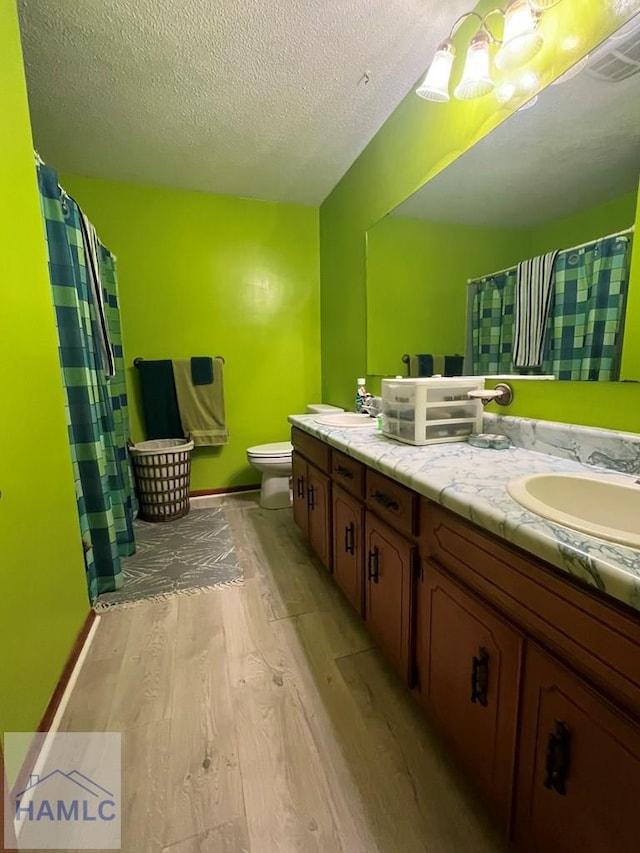 224 Bacon St, Jesup, GA 31545 - bathroom with wood finished floors, double vanity, toilet, a textured ceiling, and a shower with curtain