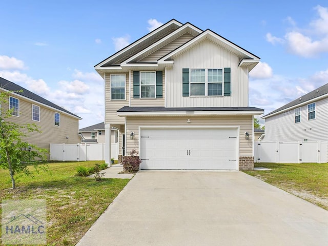 view of front facade with concrete driveway, an attached garage, a gate, and a front yard