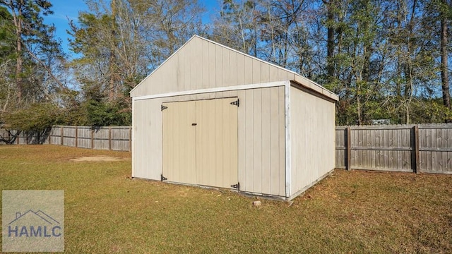 view of shed featuring a fenced backyard