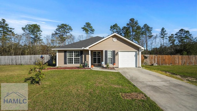 ranch-style house with a front lawn, fence, a garage, and driveway