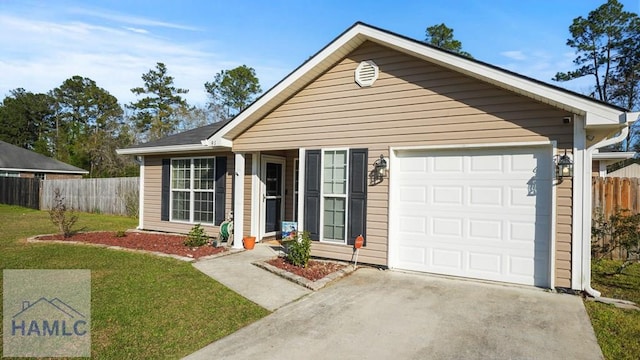ranch-style house with a garage, concrete driveway, a front lawn, and fence