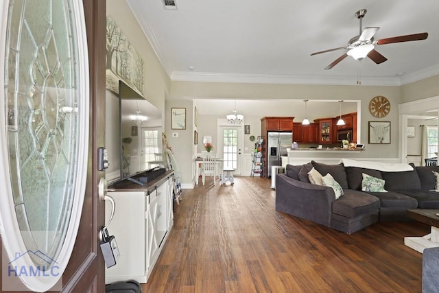 308 Mancey Garrason Loop NE, Ludowici, GA 31316 - living area with a ceiling fan, dark wood-type flooring, and ornamental molding