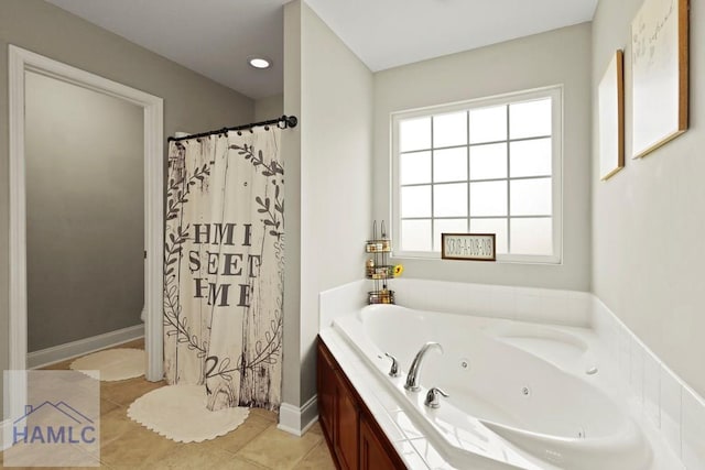 308 Mancey Garrason Loop NE, Ludowici, GA 31316 - full bathroom featuring a tub with jets, tile patterned flooring, toilet, and curtained shower