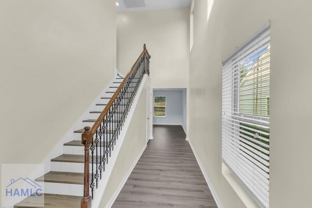 stairs featuring hardwood / wood-style floors