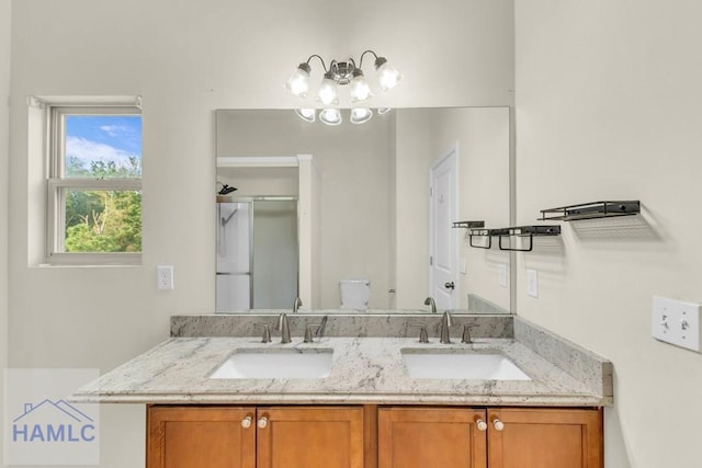 bathroom featuring an enclosed shower, vanity, and toilet