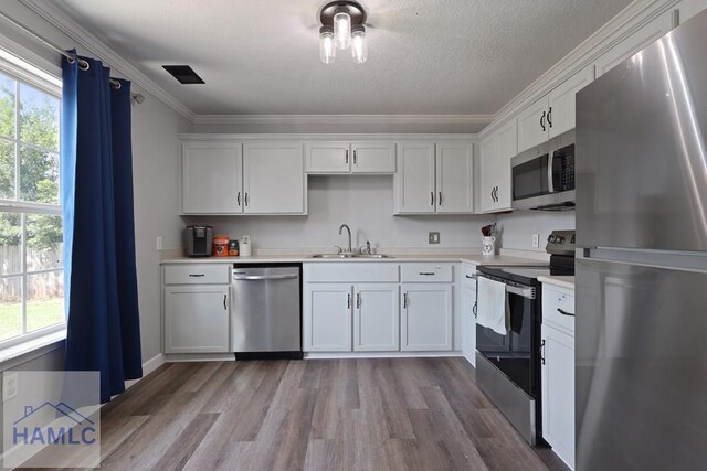 413 E Banks St, Glennville, GA 30427 - kitchen with stainless steel appliances, a sink, ornamental molding, light countertops, and white cabinetry