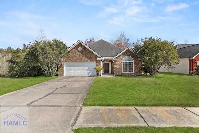 ranch-style house featuring brick siding, concrete driveway, roof with shingles, an attached garage, and a front yard