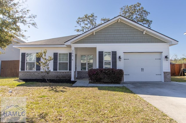 ranch-style house featuring driveway, a front yard, an attached garage, and fence