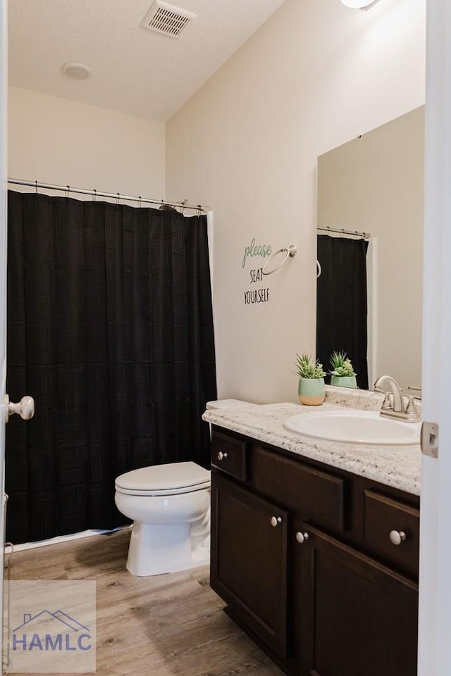 bathroom featuring hardwood / wood-style floors, vanity, and toilet