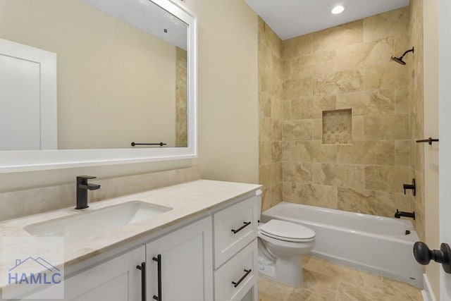 full bathroom with shower / bathing tub combination, vanity, recessed lighting, and toilet
