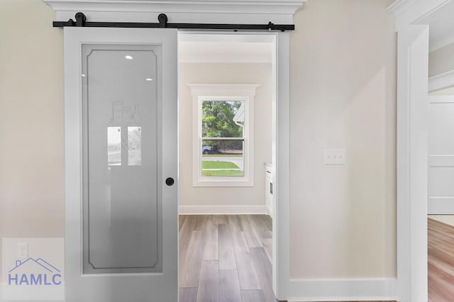 doorway to outside featuring a barn door, wood finished floors, and baseboards
