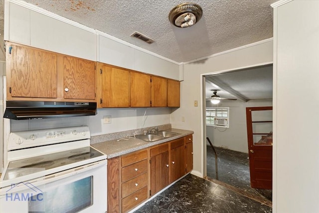 kitchen featuring a textured ceiling, white range with electric cooktop, sink, ornamental molding, and ceiling fan