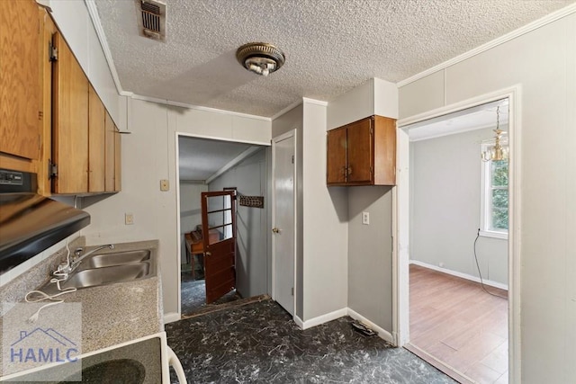 kitchen with sink, a textured ceiling, and ornamental molding