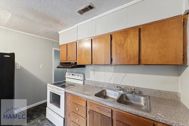 kitchen with black refrigerator, a textured ceiling, white electric range oven, sink, and ornamental molding