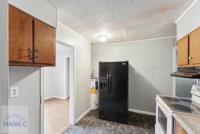 kitchen featuring black fridge with ice dispenser, a textured ceiling, ornamental molding, electric water heater, and white electric range