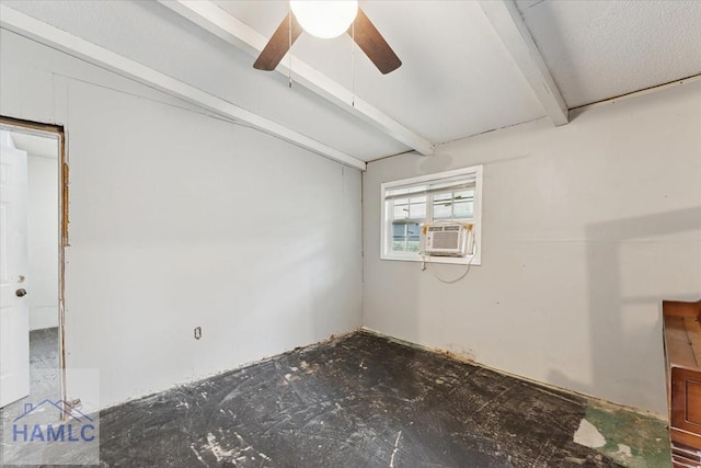 spare room featuring ceiling fan, cooling unit, and beamed ceiling