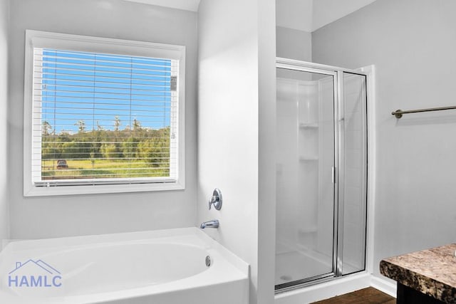 bathroom featuring vanity and separate shower and tub