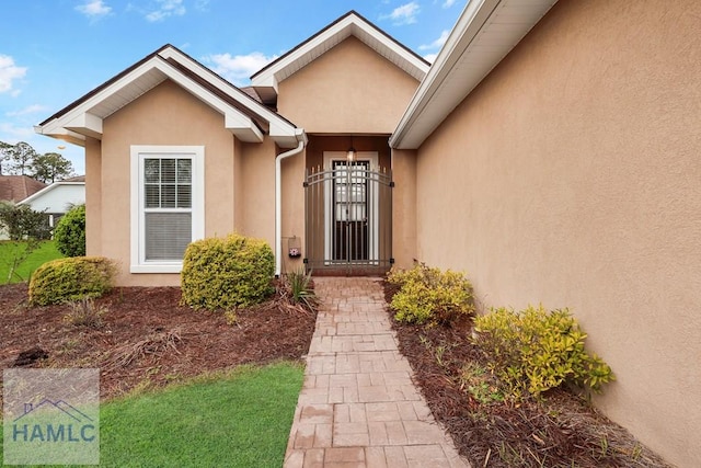 view of exterior entry with stucco siding