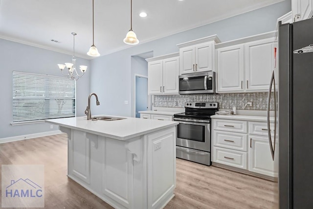 kitchen with a sink, decorative backsplash, appliances with stainless steel finishes, and ornamental molding