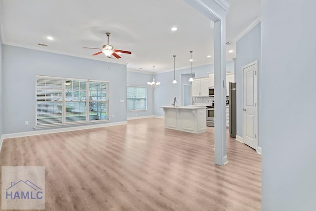 unfurnished living room with baseboards, recessed lighting, crown molding, ceiling fan with notable chandelier, and light wood-type flooring