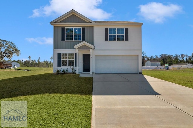 traditional-style house with a garage, concrete driveway, and a front yard