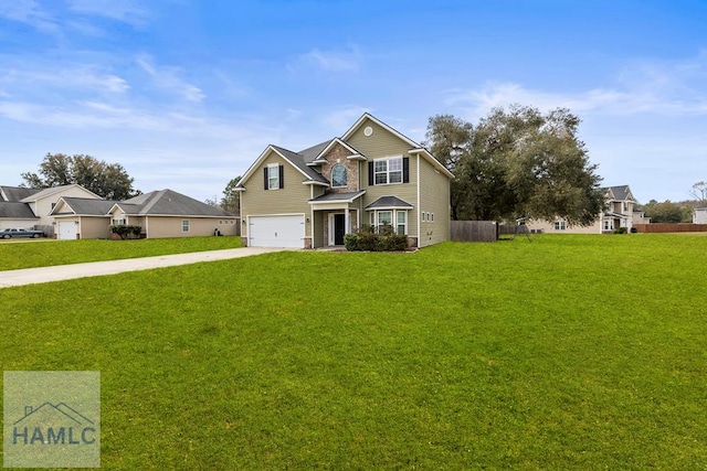 traditional home featuring a front lawn, an attached garage, driveway, and fence