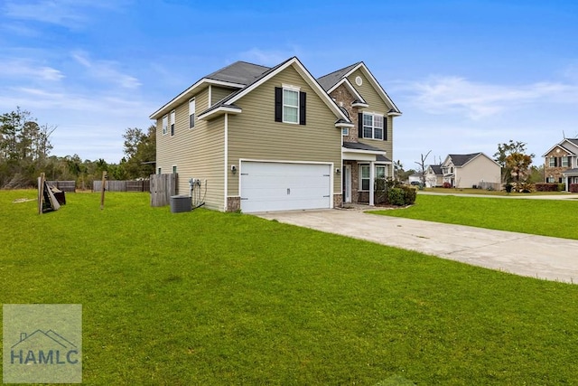 view of front facade with a front yard, fence, central AC unit, an attached garage, and concrete driveway