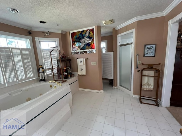 bathroom featuring tile patterned floors, crown molding, plus walk in shower, and a textured ceiling