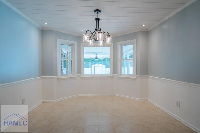 unfurnished dining area with recessed lighting, wood ceiling, ornamental molding, baseboards, and a notable chandelier
