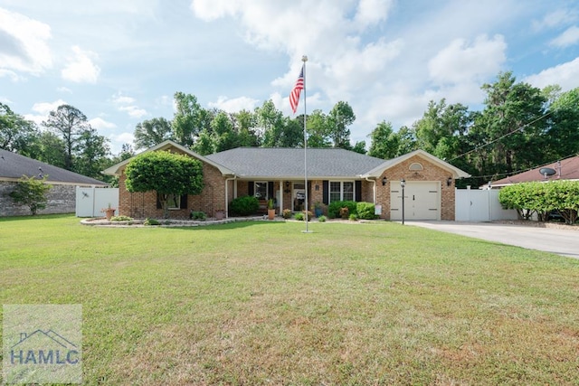 ranch-style home with fence, concrete driveway, brick siding, and an attached garage