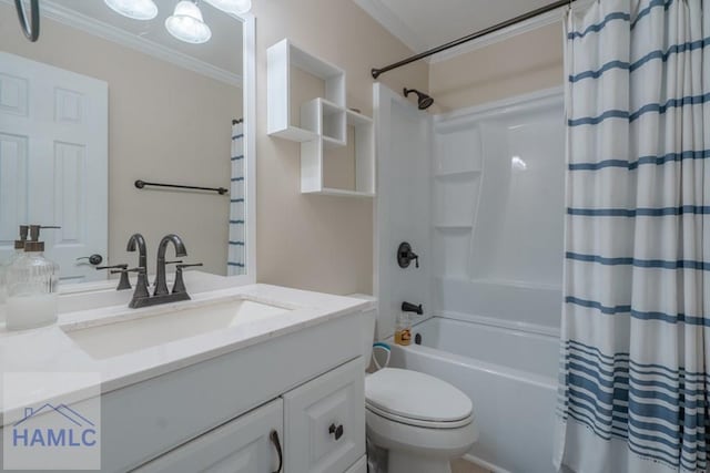 full bath with shower / bath combination with curtain, toilet, crown molding, and vanity