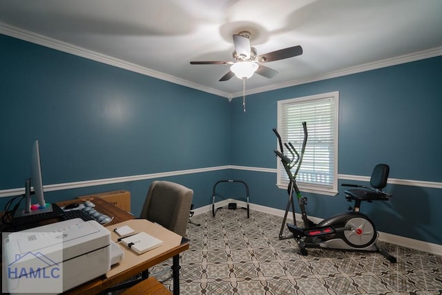 office area featuring a ceiling fan, crown molding, and baseboards