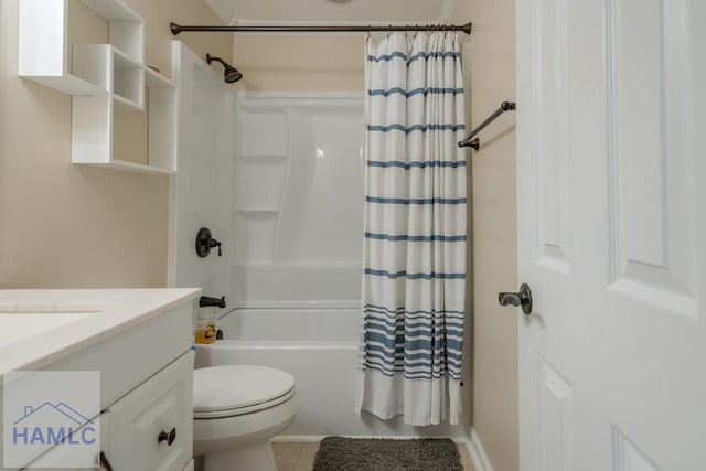 bathroom with tile patterned floors, shower / bath combination with curtain, toilet, and vanity