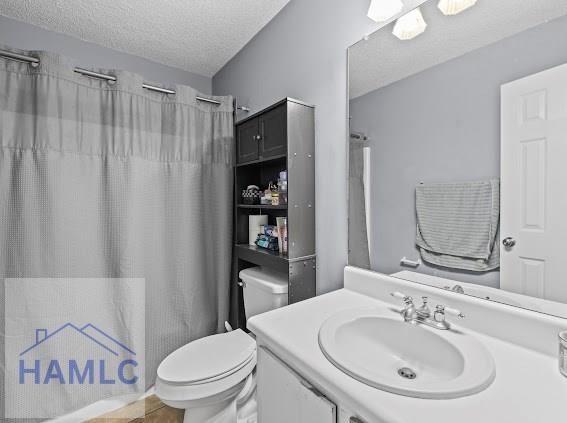 bathroom with a shower with curtain, vanity, toilet, and a textured ceiling